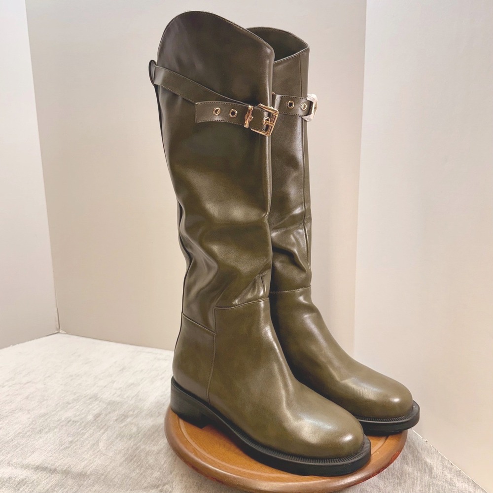 Torgeis‎ Antonella New York W8 Olive Green Knee High Buckle Boots FE11288